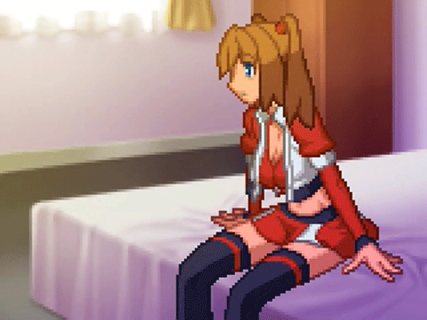 1girl 4:3_aspect_ratio animated animated_gif bed bedroom bingo_torte blue_eyes bouncing_breasts breast_squeeze breasts breasts_squeezed_together brown_hair character_name cleavage clothing crop_top cute detached_sleeves female gif halter_top halterneck jiggle large_breasts looking_at_viewer low_resolution midriff miniskirt navel on_bed otameshidouga_pretty_pridot_dounyuhen pixel_art pridot sitting skirt solo talking thighhighs thighs tied_hair twintails zettai_ryouiki