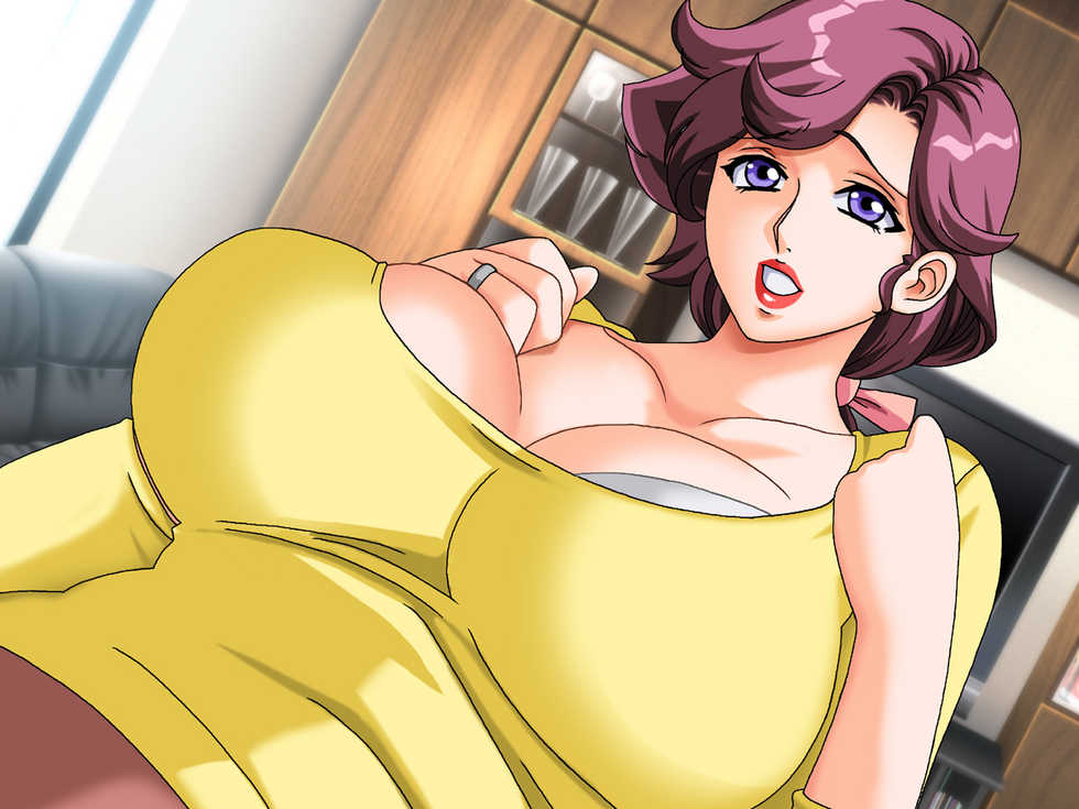 bow bra breasts couch dutch_angle female gaden gigantic_breasts hands_up indoors jewelry large_breasts lipstick makeup mature milf purple_eyes purple_hair ring sex short_hair solo television underwear window