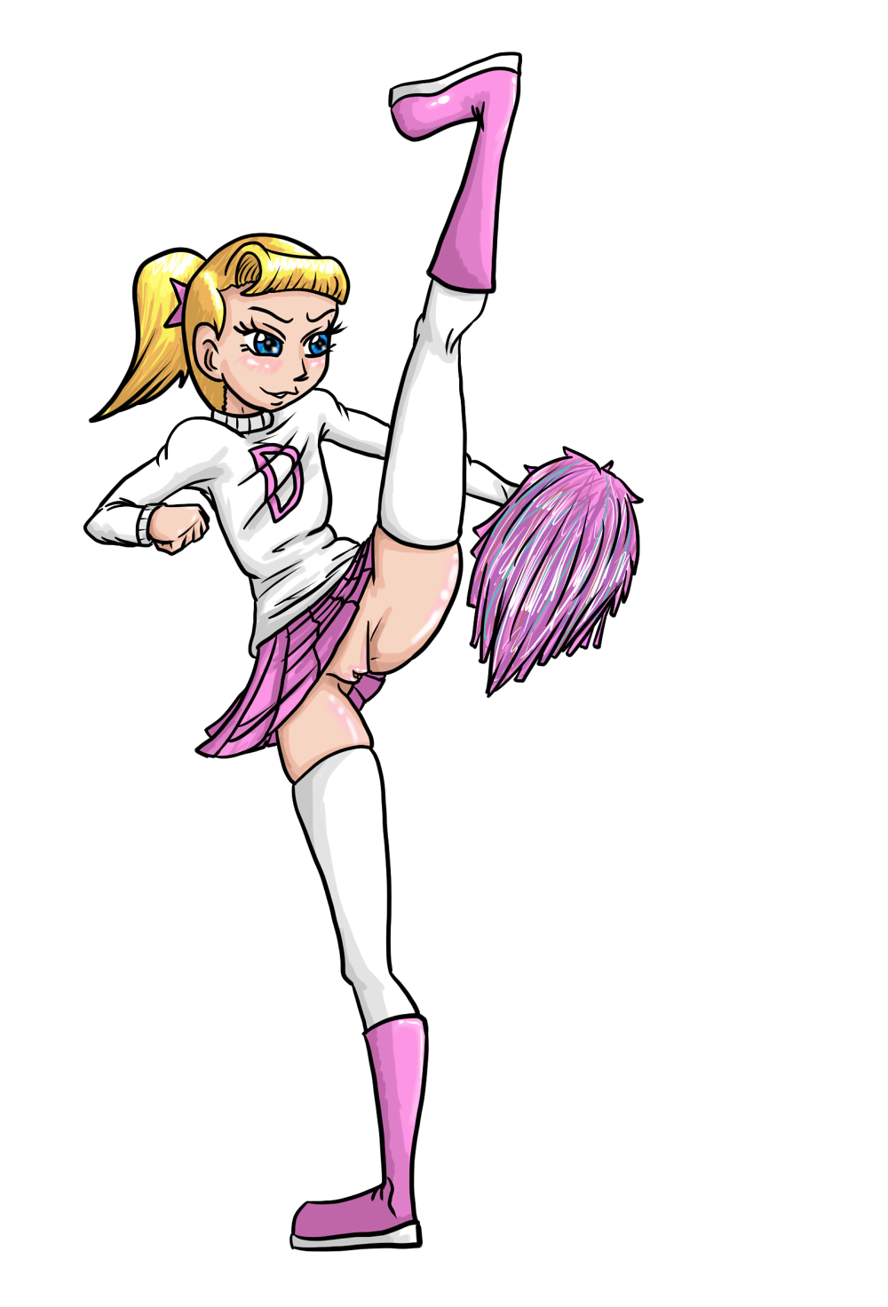 blonde_hair blue_eyes cheerleader crocface hairless_pussy no_panties pom_poms ponytail pussy shiny shiny_skin skirt skirt_lift smile solo the_fairly_oddparents veronica_star