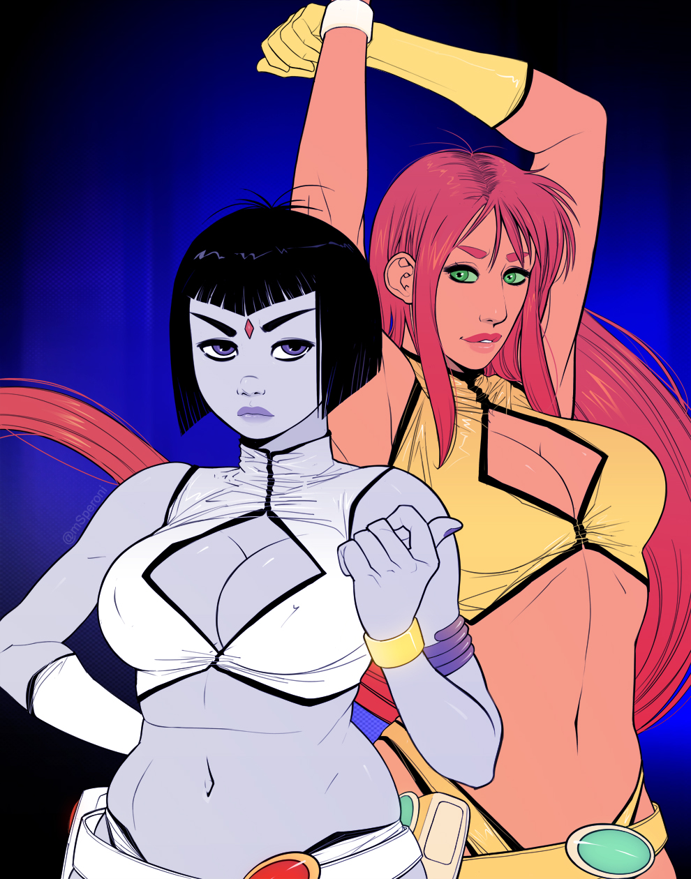 belly big_breasts black_hair cleavage cleavage_cutout cosplay crossover crossover_cosplay dirty_pair dirty_pair_(cosplay) forehead_jewel kei_(dirty_pair) kei_(dirty_pair)_(cosplay) koriand'r long_hair medium_hair one_glove rachel_roth raven_(dc) red_hair starfire teen_titans triplexmile yuri_(dirty_pair) yuri_(dirty_pair)_(cosplay)