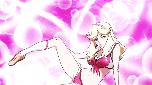 1girl animated animated_gif ass ass_cutout ass_shake bent_over blonde_hair blush boobies_uniform breasts cameltoe cleavage female from_behind front-tie_top hair hairband heart heart_cutout honey_(space_dandy) large_breasts leg_lift legs lipstick long_hair looking_at_viewer lowres makeup midriff navel red_eyes short_shorts shorts simple_background sitting smile solo space_dandy thighs wink