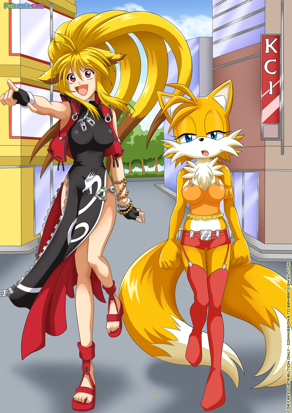 2013 bbmbbf black_nose blonde_hair blue_eyes brown_hair city clothed clothing cloud crossgender dress female female_tails fingerless_gloves fur genderswap gloves hair happy jacket long_hair miles_"tails"_prower millie_tailsko mobius_unleashed multiple_tails open_mouth outside palcomix red_eyes sega shoes short_hair shorts sky sonic_(series) sonic_the_hedgehog_(series) stockings thighs tree white_fur xiaomu yellow_fur