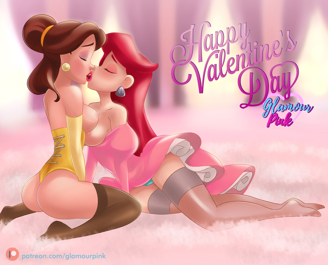2girls ass beauty_and_the_beast breasts brown_hair closed_eyes corset crossover disney dress dress_lift earrings english_text exposed_breasts female female_only glamourpink gloves kissing panties partially_clothed princess_ariel princess_belle red_hair stockings the_little_mermaid valentine valentine's_day yuri