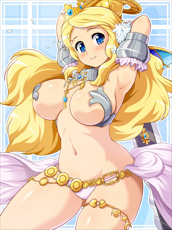 1girl armor armpits arms_up belly bikini_armor blonde_hair blue_eyes breasts cleavage code_of_princess crown curvy hair heart konpeto large_breasts long_hair moon navel princess smile solange solange_blanchefleur_de_luxe solo star sword thick_thighs thighs warrior weapon