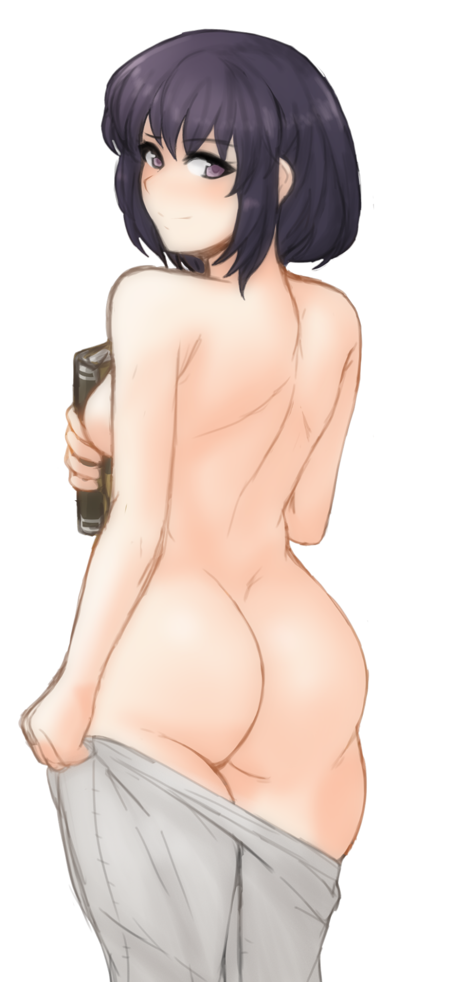 1girl archived_source ass back black_hair blush book breasts closed_mouth covering covering_breasts curvaceous eyebrows_visible_through_hair facing_back fire_emblem fire_emblem:_thracia_776 fire_emblem_heroes from_behind high_resolution holding holding_book holding_object holding_pants light_blush looking_at_viewer looking_back medium_breasts nintendo nude olwen_(fire_emblem) pants pants_down pants_pull purple_eyes short_hair sideboob skindentation smile thighs transparent_background tridisart undressing wide_hips