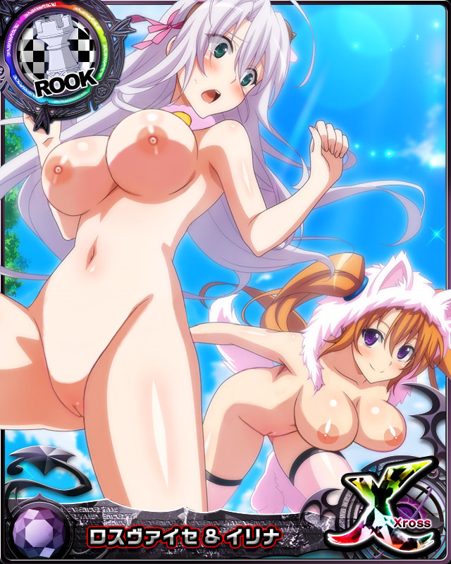 1girl 1girl 2_girls ahoge animal_ears areola big_breasts breasts brown_hair card_(medium) cleavage completely_nude erect_nipples fake_animal_ears fake_tail hair_ornament hair_ribbon high_school_dxd high_school_dxd_hero high_school_dxd_xross jewelry long_hair multiple_girls navel necklace nipples no_bra nopan nude nude_filter purple_eyes pussy ribbon rook_(chess) rossweisse shidou_irina silver_hair smile stockings tail third-party_edit tied_hair twin_tails under_boob very_long_hair