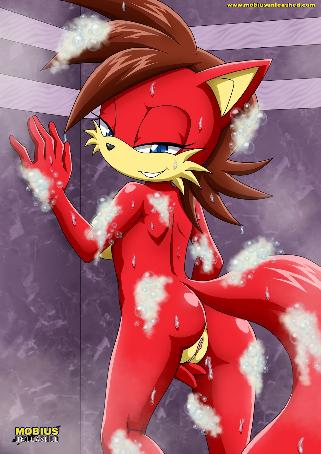 anus archie_comics asking_for_it ass bathroom bbmbbf blue_eyes breasts brown_hair fiona_fox furry horny looking_at_viewer mobius_unleashed palcomix pussy sega shower smile soap sonic_(series) sonic_the_hedgehog_(series) tail