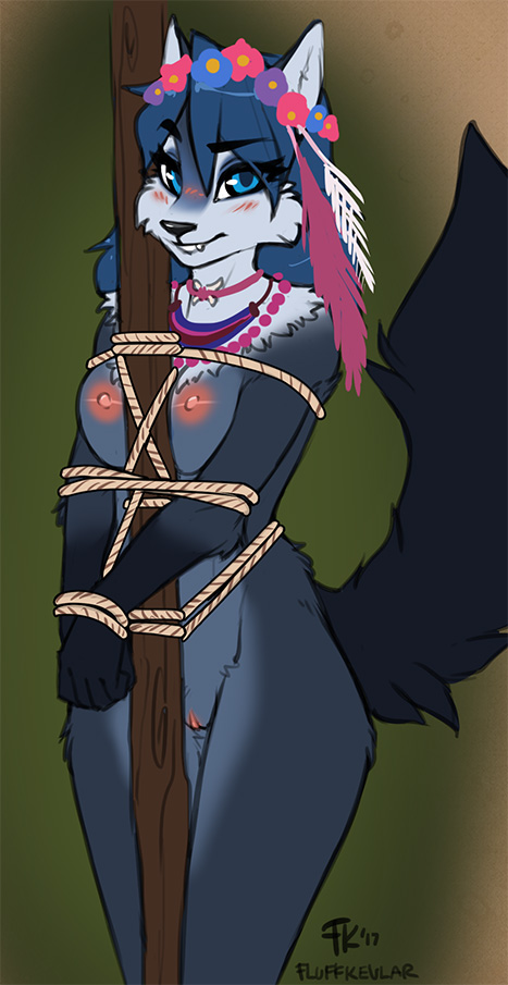 1girl 2017 accessory anthro bianca_(sheep_and_wolves) blue_body blue_eyes blue_fur blue_hair blush bound breasts canid canine canis fang_out feathers female_only flower flower_in_hair fluff-kevlar fur genitals hair hair_accessory jewelry looking_at_viewer mammal necklace nipples nude plant pole pussy rope rope_bondage russian sheep_and_wolves skinny_dipping smile solo_female submissive submissive_female tuft wizart wolf