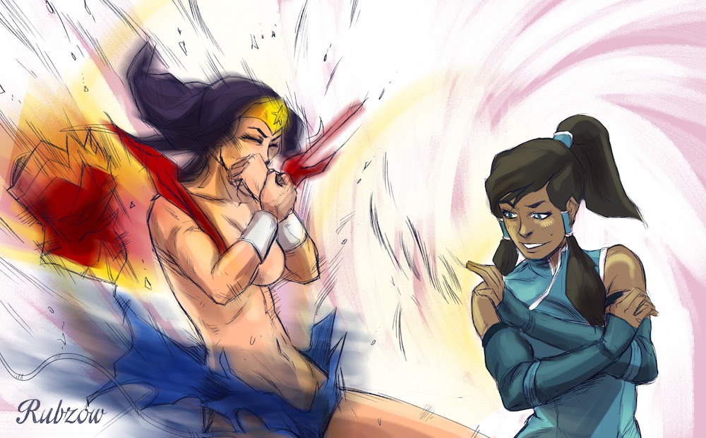 avatar:_the_last_airbender blue_eyes bracelet breasts closed_eyes crossover dark-skinned_female dark_skin dc_comics embarrassing funny korra long_hair ponytail rubzow shiny shiny_skin smile the_legend_of_korra* tiara topless torn_clothes torn_clothing twin_tails wardrobe_malfunction wind wonder_woman