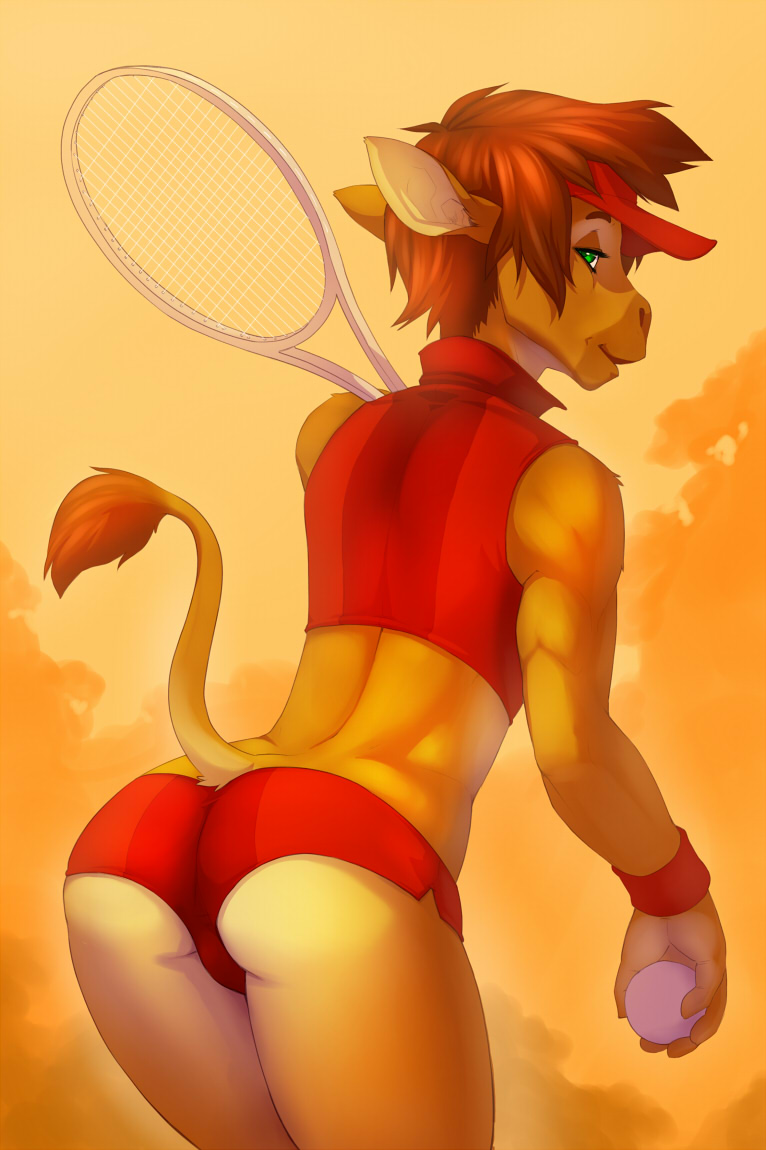 2013 anthro ass ball brown_hair butt_crack clothing crossdressing donkey equine furry girly green_eyes hair hat headgear heart male male_only racket shorts smile solo_male tail tennis tight_pants wolfy-nail