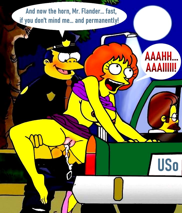 big_breasts blushing breasts cheating_wife clancy_wiggum dialogue erection maude_flanders ned_flanders nude_female nude_male puffy_pussy red_anus the_simpsons uso_(artist) vaginal yellow_skin