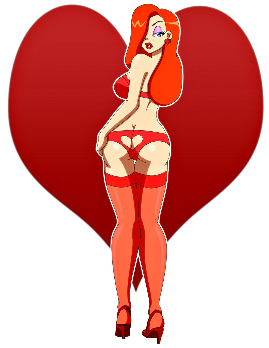 1girl ass big_breasts blue_eyes breasts disney female_only heart heart_background heart_cutout high_heels jessica_rabbit lingerie looking_back pervyangel rear_view red_hair solo solo_female stockings tagme valentine white_background who_framed_roger_rabbit