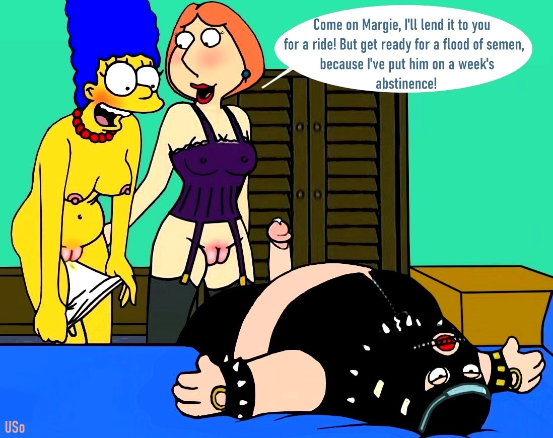 bondage_gear crossover dialogue family_guy lois_griffin marge_simpson peter_griffin puffy_pussy red_anus the_simpsons uso_(artist) yellow_skin