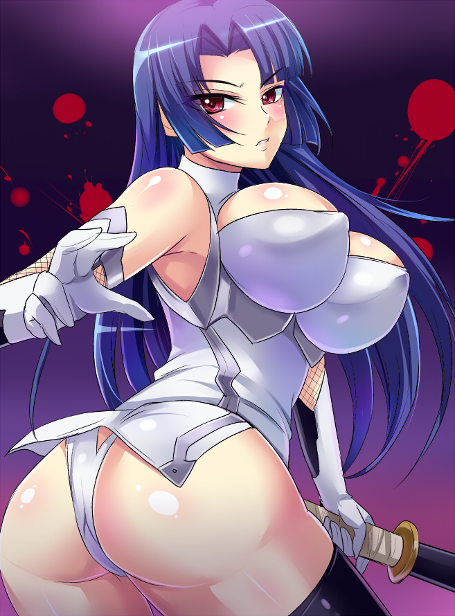 1girl 1girl angry ass back_view big_breasts blush cleavage clothed_female female_focus female_only holding_object looking_at_viewer nipples nishida_megane solo_female solo_focus taimanin_asagi taimanin_asagi_battle_arena yatsu_murasaki