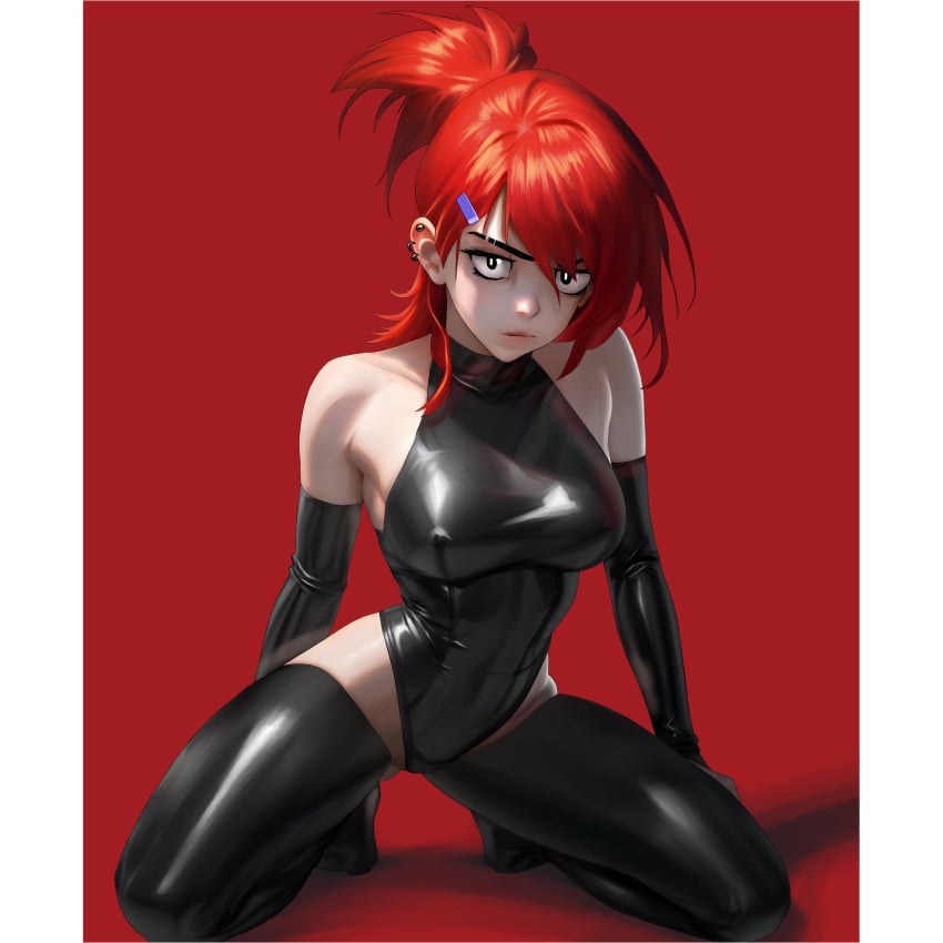 black_eyes foster's_home_for_imaginary_friends frankie_foster latex_bodysuit latex_gloves latex_thighhighs looking_at_viewer older older_female perfect_breasts ponytail red_hair unionguy young_adult young_adult_female young_adult_woman
