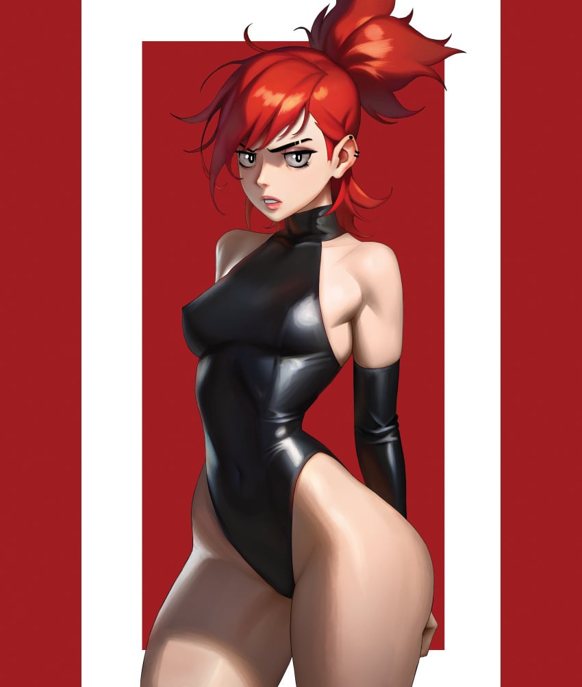 black_eyes ear_piercing earrings foster's_home_for_imaginary_friends frankie_foster huge_ass latex_bodysuit latex_gloves looking_at_viewer older older_female perfect_breasts ponytail red_hair slim_waist thick_thighs unionguy young_adult young_adult_female young_adult_woman