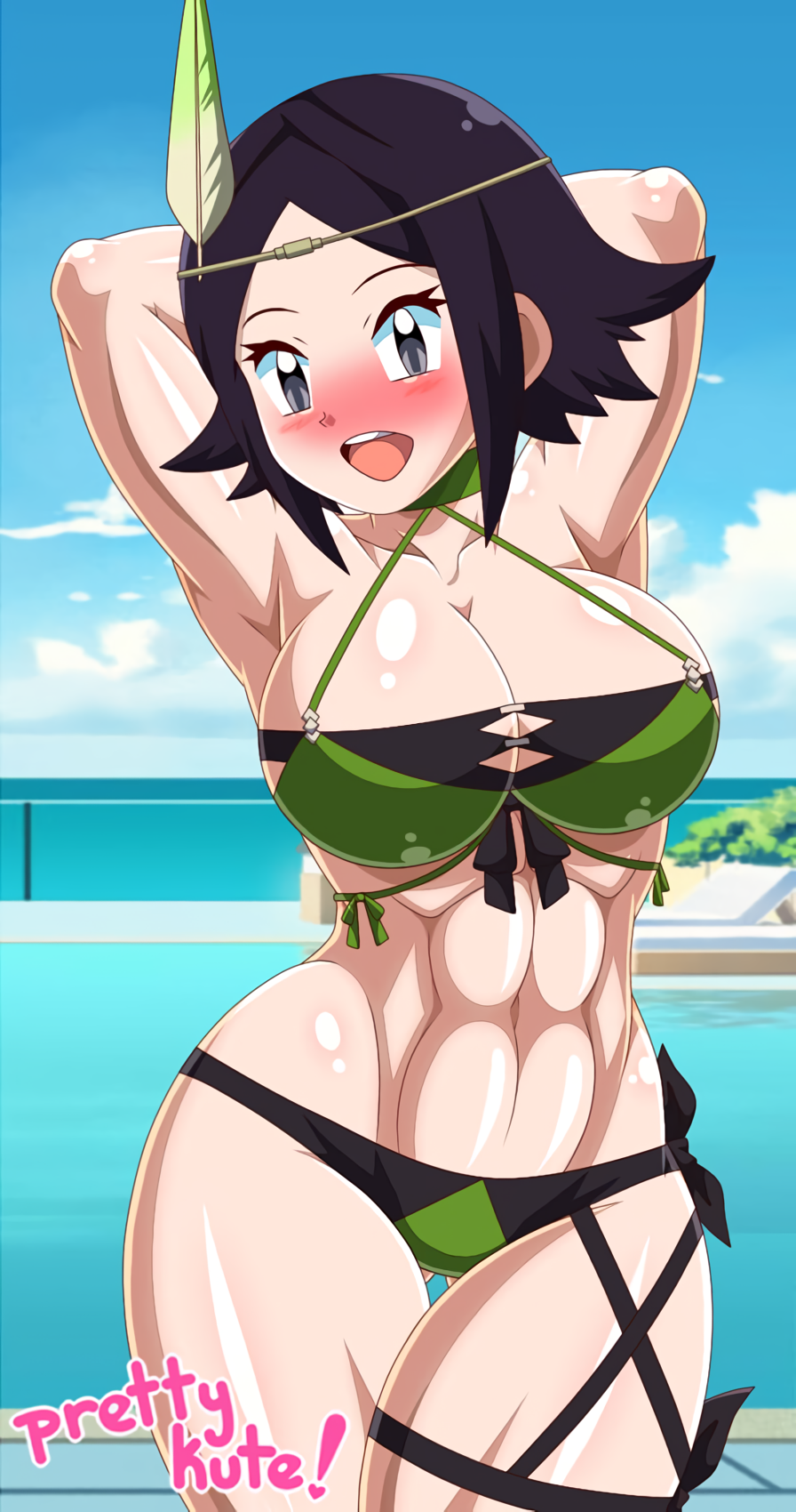 1girl 1girl 1girl abs alluring alternate_costume artist_name ass_visible_through_thighs athletic_female big_breasts big_breasts bikini blush breasts cleavage female_abs female_only fire_emblem fire_emblem_awakening fire_emblem_heroes fit_female green_bikini green_swimsuit grey_eyes high_res light-skinned_female light_skin nintendo noire noire_(fire_emblem) official_alternate_costume open_mouth pk-studios pool pose purple_hair short_hair smile swimming_pool swimsuit thick_thighs thighs water wide_hips