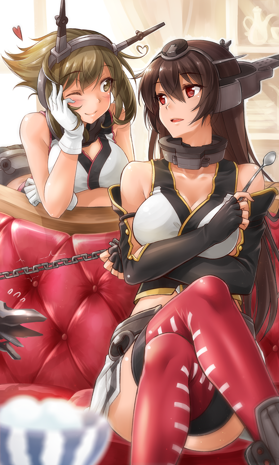 2_girls 2girls ;) ahoge arm arm_support arms art bare_shoulders blurry breasts brown_eyes brown_hair chain chains cleavage couch crossed_legs depth_of_field elbow_gloves eye_contact female fingerless_gloves friends gloves green_eyes green_hair hand_on_own_cheek happy head_rest headgear heart heart_ahoge high_res highres holding i-class_destroyer kantai_collection large_breasts legs_crossed long_hair looking_at_another love miniskirt multiple_girls mutsu_(kantai_collection) nagato_(kantai_collection) okitakung one_eye_closed open_mouth parted_lips personification red_eyes red_legwear shinkaisei-kan short_hair sitting skirt smile sofa spoon standing stockings thighhighs white_gloves wink yuri