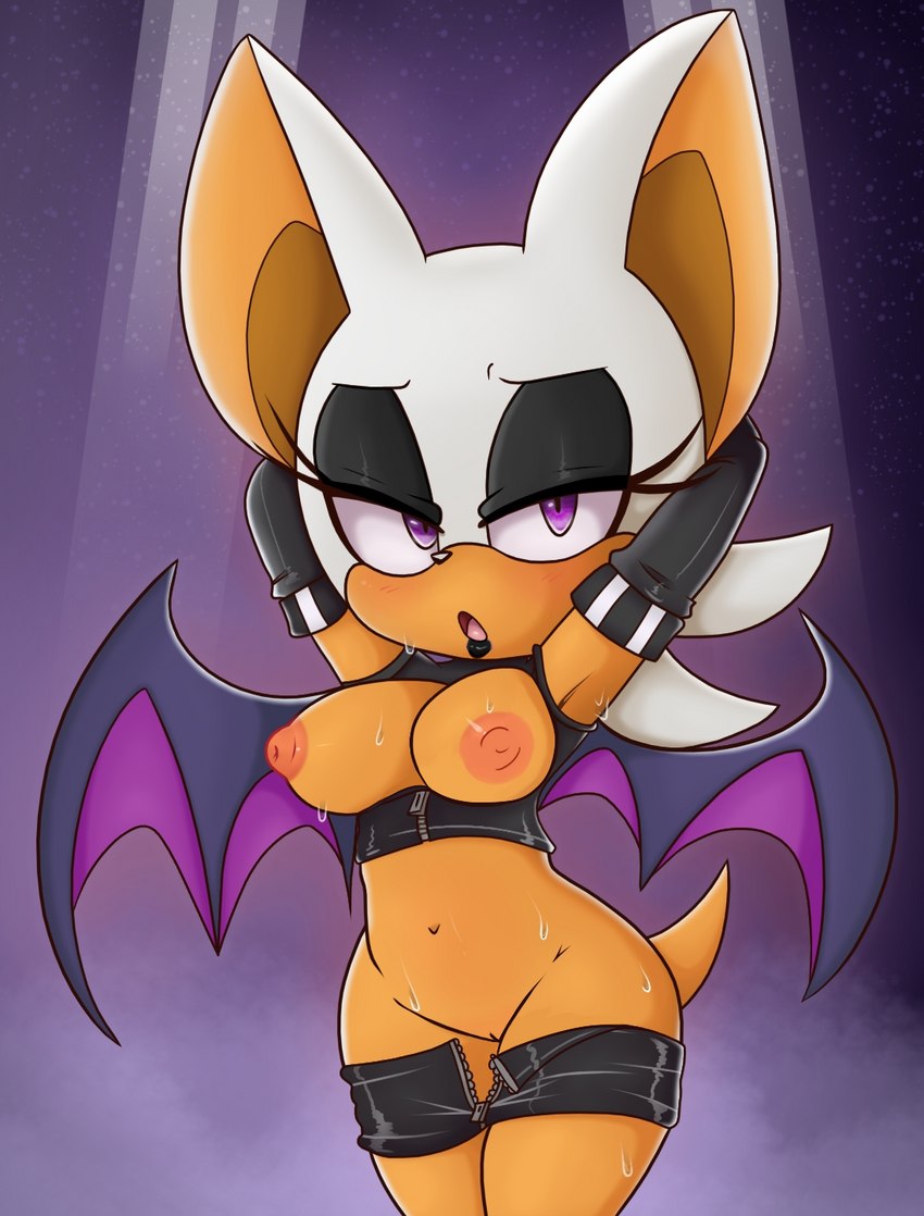 1girl 1girl 2018 alternate_costume anthro areola arms_above_head armwear bedroom_eyes big_breasts blush bodily_fluids breasts chiropteran clothed clothing colored crotch_lines digital_media_(artwork) edit elbow_gloves es74 eyelashes eyeshadow front_view fur furry genitals gloves goth green_eyes hair half-closed_eyes hands_behind_head handwear high_res lipstick looking_at_viewer makeup mammal membrane_(anatomy) membranous_wings narrowed_eyes navel nipples one_breast_out open_mouth pants_down partially_clothed pussy raised_arm rouge_the_bat seductive sega simple_background sonic_adventure sonic_the_hedgehog_(series) standing sweat tenshigarden tongue video_games wings zipper