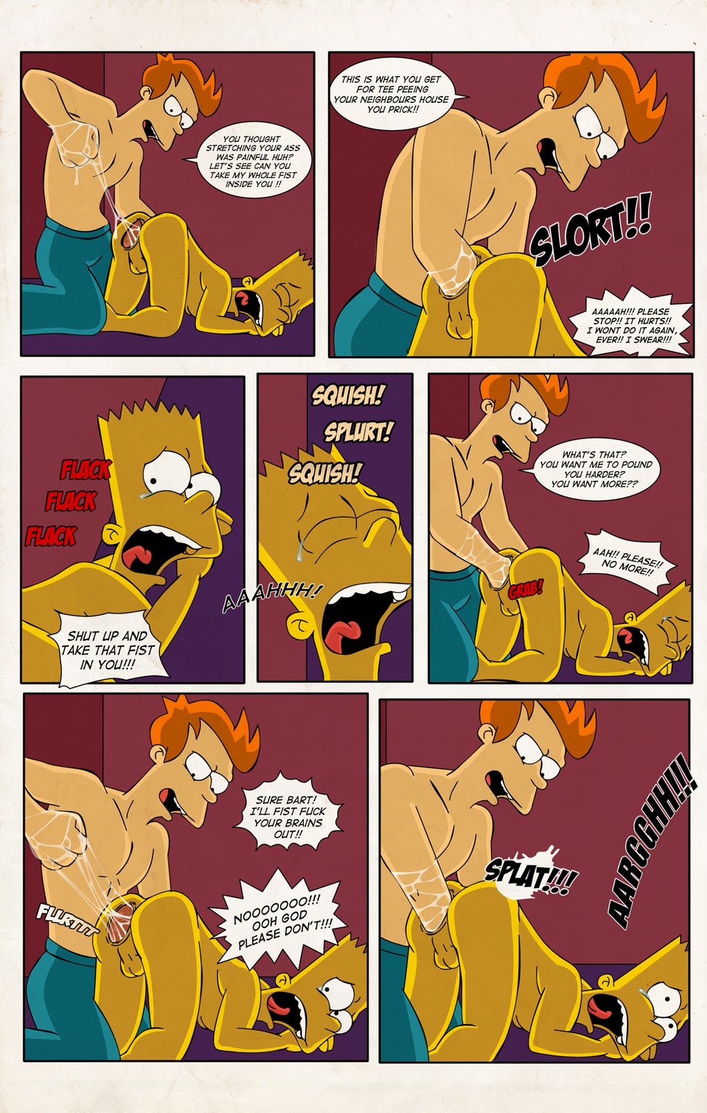 Xbooru - all fours anus ass bart simpson comic crossover fisting futurama  gaping gaping anus gay gninrom looking back nude philip j. fry shirtless  tears testicles text the simpsons top-down bottom-up yellow