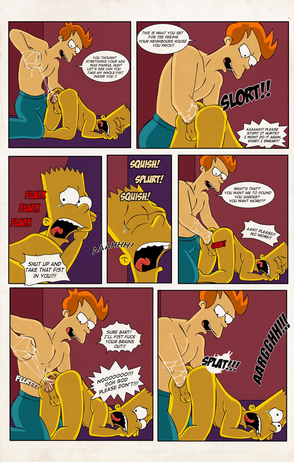 all_fours anus ass bart_simpson comic crossover fisting futurama gaping gaping_anus gay gninrom looking_back nude philip_j._fry shirtless tears testicles text the_simpsons top-down_bottom-up yellow_skin