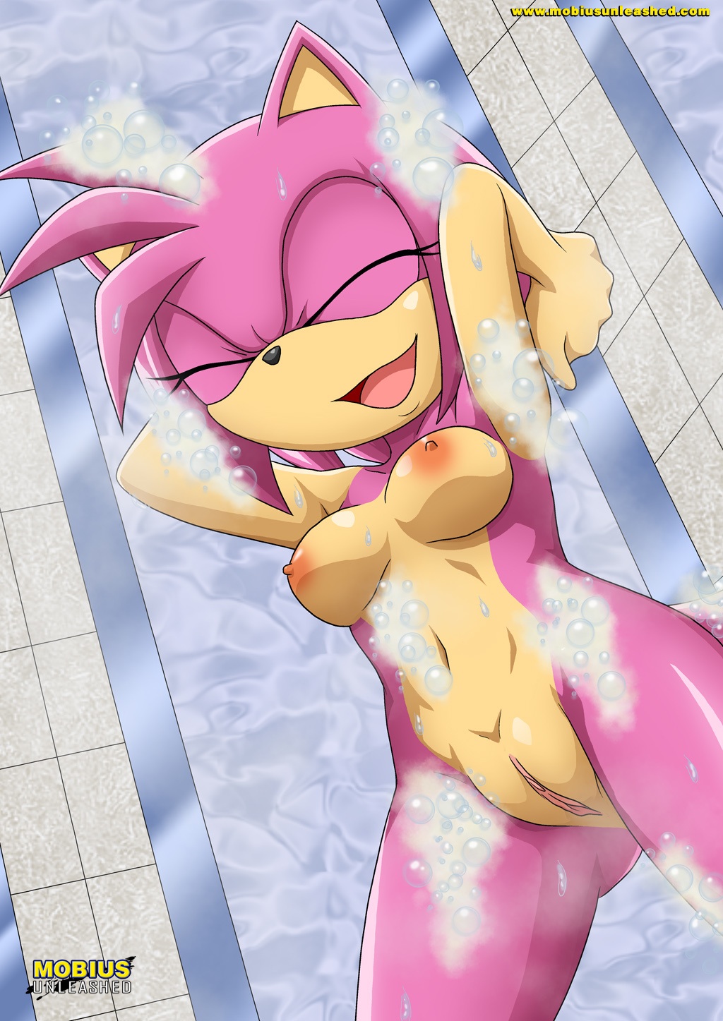 1girl amy_rose bathroom bbmbbf breasts cute mobius_unleashed nipples palcomix pink_hair pussy sega short_hair shower smile soap sonic_(series) sonic_team sonic_the_hedgehog_(series)