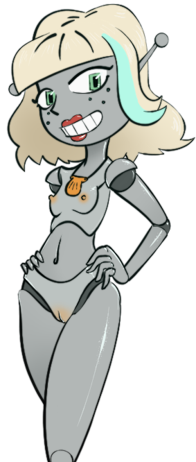 1girl antenna bare_shoulders blonde blonde_hair breasts disney disney_channel disney_xd female green_eyes grey_skin hands_on_hips jackie_lynn_thomas lipstick necklace nude pussy robot robot_girl seashell shell short_hair small_breasts smile solo solo_female spacechoochoo star_vs_the_forces_of_evil