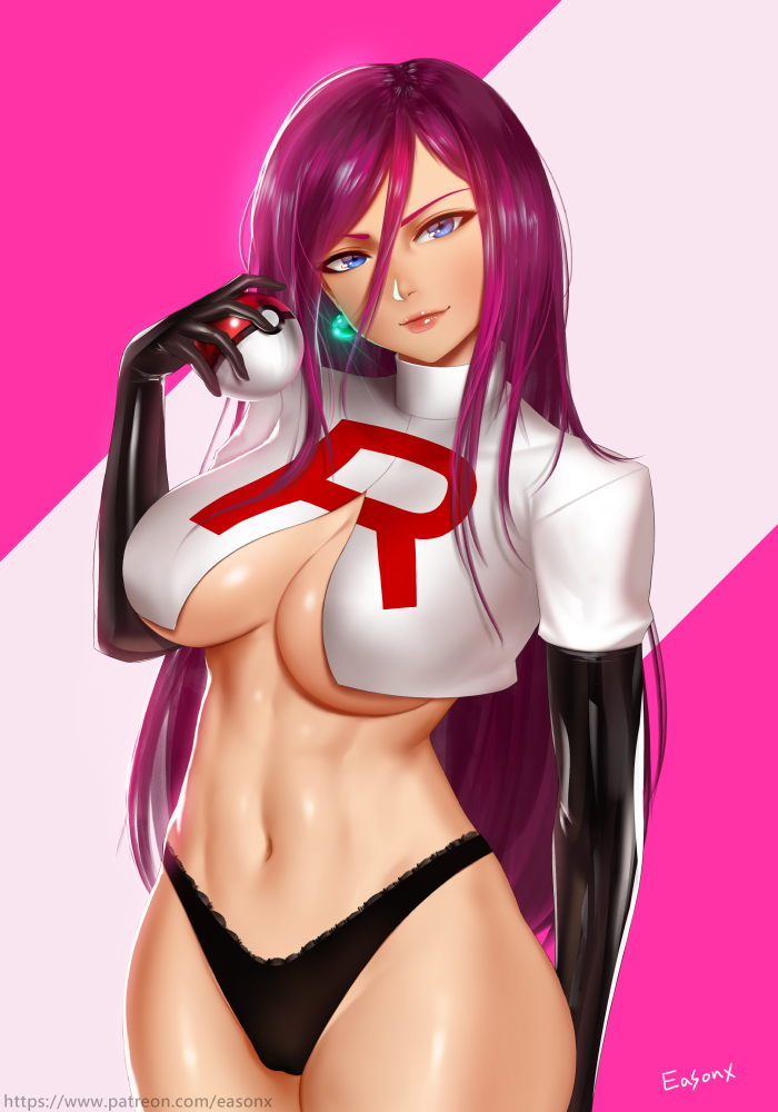 1girl abs alternate_breast_size alternate_costume alternate_hairstyle artist_name belly big_breasts black_panties blue_eyes breasts burgundy_hair cleavage clothed clothed_female clothes clothing color colored earring earrings easonx elbow_gloves english english_text eye_contact eyelashes female_focus female_only fit gloves grin hair_down half-closed_eyes head_tilt holding holding_object huge_breasts human human_only humans_of_pokemon jessie_(pokemon) lipstick long_hair looking_at_viewer mature mature_female midriff musashi_(pokemon) navel nintendo open_eyes panties pink_background pink_hair plain_background poke_ball pokeball pokemon pokemon_(anime) pokemon_rgby pose purple_hair red_lipstick revealing_clothes shiny shiny_skin shirt smile solo_female solo_focus source_request standing stomach team_rocket text thick_thighs thong uncensored under_boob underwear url very_long_hair watermark wide_hips