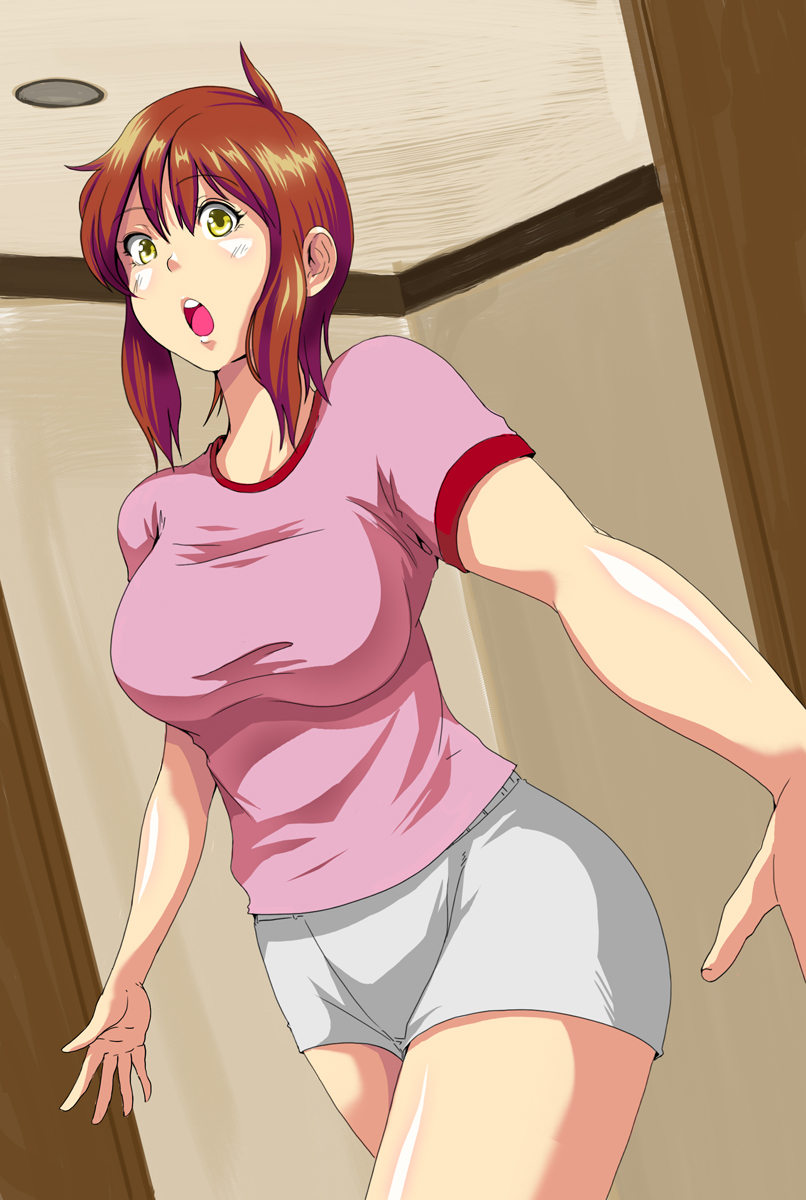 1_girl 1girl arm arms art babe big_breasts blush breasts brown_hair ears face female high_res highres jet_ribbon large_breasts legs looking_at_viewer neck nose open_mouth shirt short_hair shorts shy solo standing surprised t-shirt thighs wall yellow_eyes