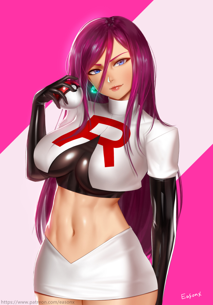 1girl abs alternate_breast_size alternate_costume alternate_hairstyle artist_name belly big_breasts black_panties blue_eyes breasts burgundy_hair cleavage clothed clothed_female clothes clothing color colored earring earrings easonx elbow_gloves english english_text eye_contact eyelashes female_focus female_only fit gloves grin hair_down half-closed_eyes head_tilt holding holding_object huge_breasts human human_only humans_of_pokemon jessie_(pokemon) lipstick long_hair looking_at_viewer mature mature_female midriff musashi_(pokemon) navel nintendo open_eyes panties pink_background pink_hair plain_background poke_ball pokeball pokemon pokemon_(anime) pokemon_rgby pose purple_hair red_lipstick revealing_clothes shiny shiny_skin shirt smile solo_female solo_focus source_request standing stomach team_rocket text thick_thighs thong uncensored under_boob underwear url very_long_hair watermark wide_hips