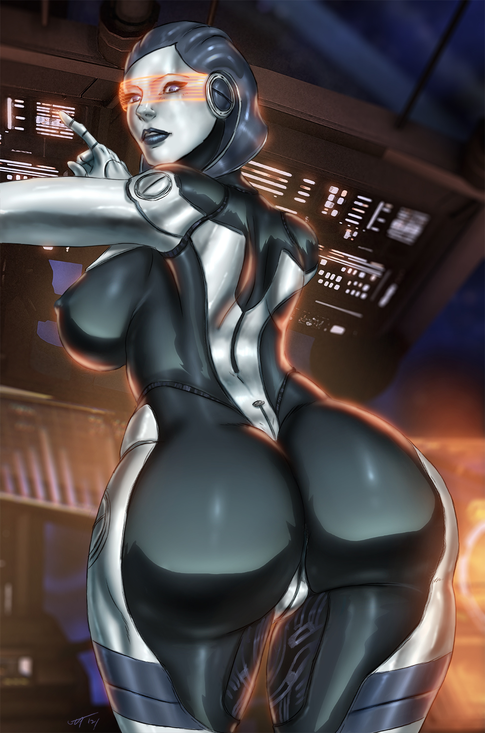 1girl 1girl android areola artificial_intelligence ass big_ass big_breasts big_breasts breasts edi female_only mass_effect nipples red-tinted_eyewear solo_female solo_focus tagme thick_thighs tinted_eyewear ultamisia video_game_character video_game_franchise visor wide_hips