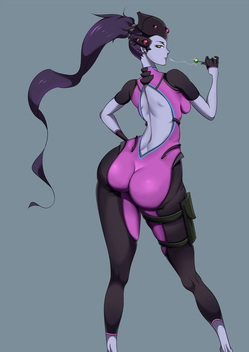 1girl ass back bad_anatomy bad_hands bad_id bad_proportions big_ass blue_hair bodysuit breasts bubble_butt candy ding_(andding34429) head_mounted_display high_ponytail highres huge_ass light_smile lollipop long_hair overwatch purple_hair purple_skin saliva saliva_trail simple_background skin_tight smile solo thighs very_long_hair wide_hips widowmaker_(overwatch) yellow_eyes