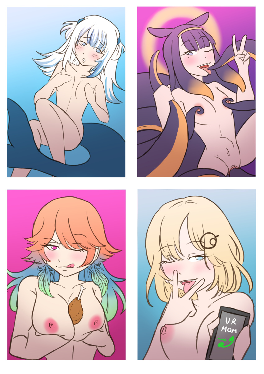 4_panels 4girls ;d areola belly_button blonde_hair blue_eyes blue_shark_tail blush breasts cellphone chicken_leg commentary_request completely_nude completely_nude_female eyebrows_visible_through_hair feather_earrings gawr_gura hololive hololive_english light-skinned_female light_blue_background light_blue_eyes light_skin marinesunspice mole mole_under_eye ninomae_ina'nis nipples nude nude_female one_eye_closed orange_hair pink_background pink_eyes poster purple_background purple_eyes purple_hair purple_tentacles shark_girl shark_tail small_breasts smartphone takanashi_kiara tentacle tentacle_masturbation tongue_out v virtual_youtuber watson_amelia white_hair your_mom