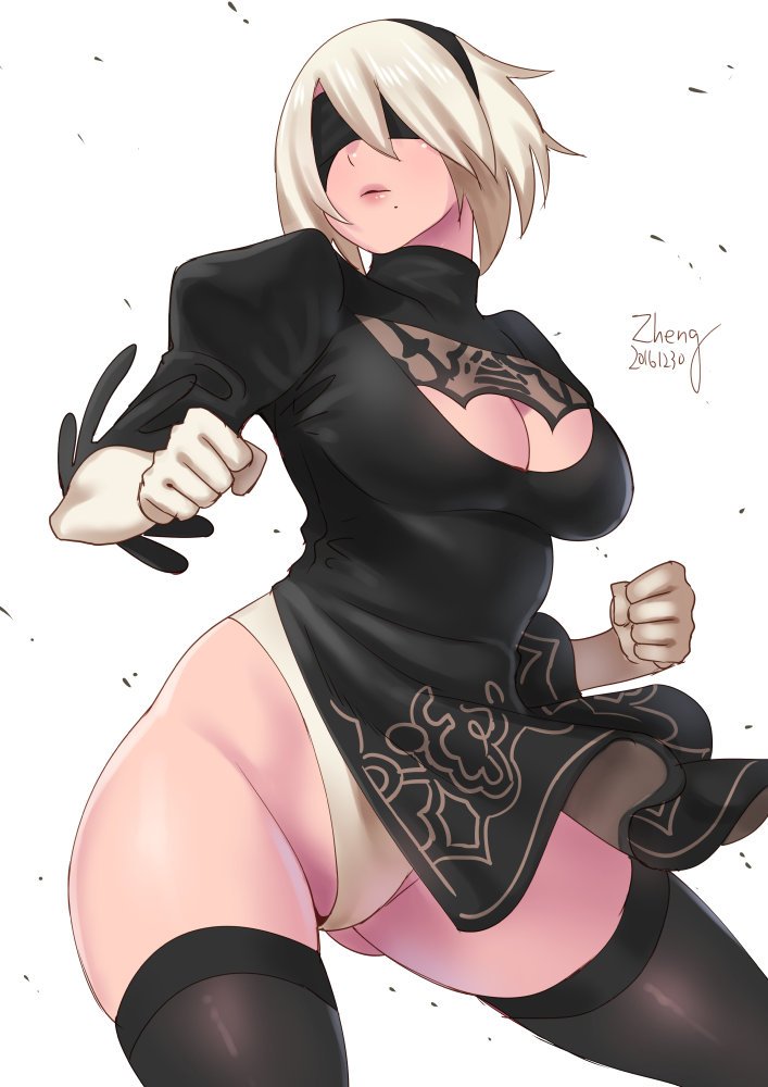 1girl 2016 blindfold clothed clothed_female female_focus female_only nier nier:_automata panties short_hair solo_female solo_focus stockings tagme video_game_character video_game_franchise white_hair yorha_2b yorha_no._2_type_b zheng