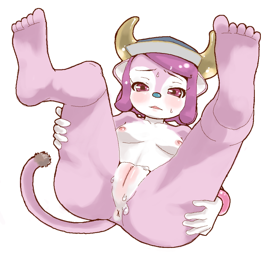 anus blush bovine buffalo_bell cub female furry hat horn legs_up looking_at_viewer mascot on_back presenting pussy simple_background solo tomo white_background young