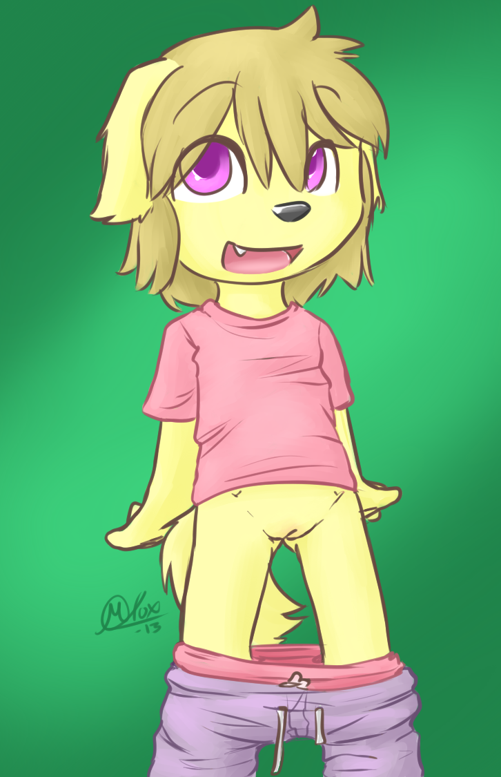 animal_ears anthro blonde_hair canine clothed clothing cub dakota dog female flashing furry golden_retriever hair half-dressed looking_at_viewer manafox open_mouth panties pants pants_down purple_eyes pussy shirt solo underwear undressing young