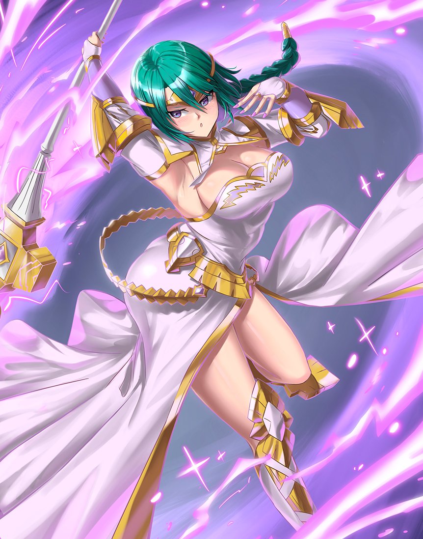 1girl 1girl 1girl alluring ass bare_thighs big_ass big_breasts breasts burnt_green_tea cleavage female_only fire_emblem fire_emblem_heroes gloves green_hair magic nintendo open_mouth purple_eyes staff thighs thorr_(fire_emblem)