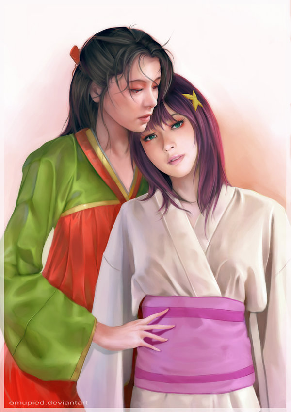 2girls ai_generated art deviantart female kimono multiple_girls omupied_(artist) safe_for_work sfw tagme yuri