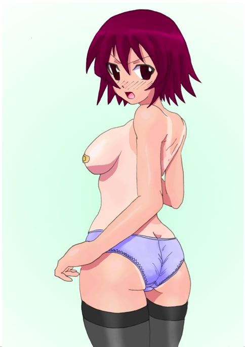 ass azumanga_daioh azumanga_daiou bandaid bandaids_on_nipples blush breasts cowboy_shot from_behind gradient_background green_background kagura looking_at_viewer looking_back one-piece_tan panties pasties red_hair short_hair simple_background solo tan tanline thighhighs underwear