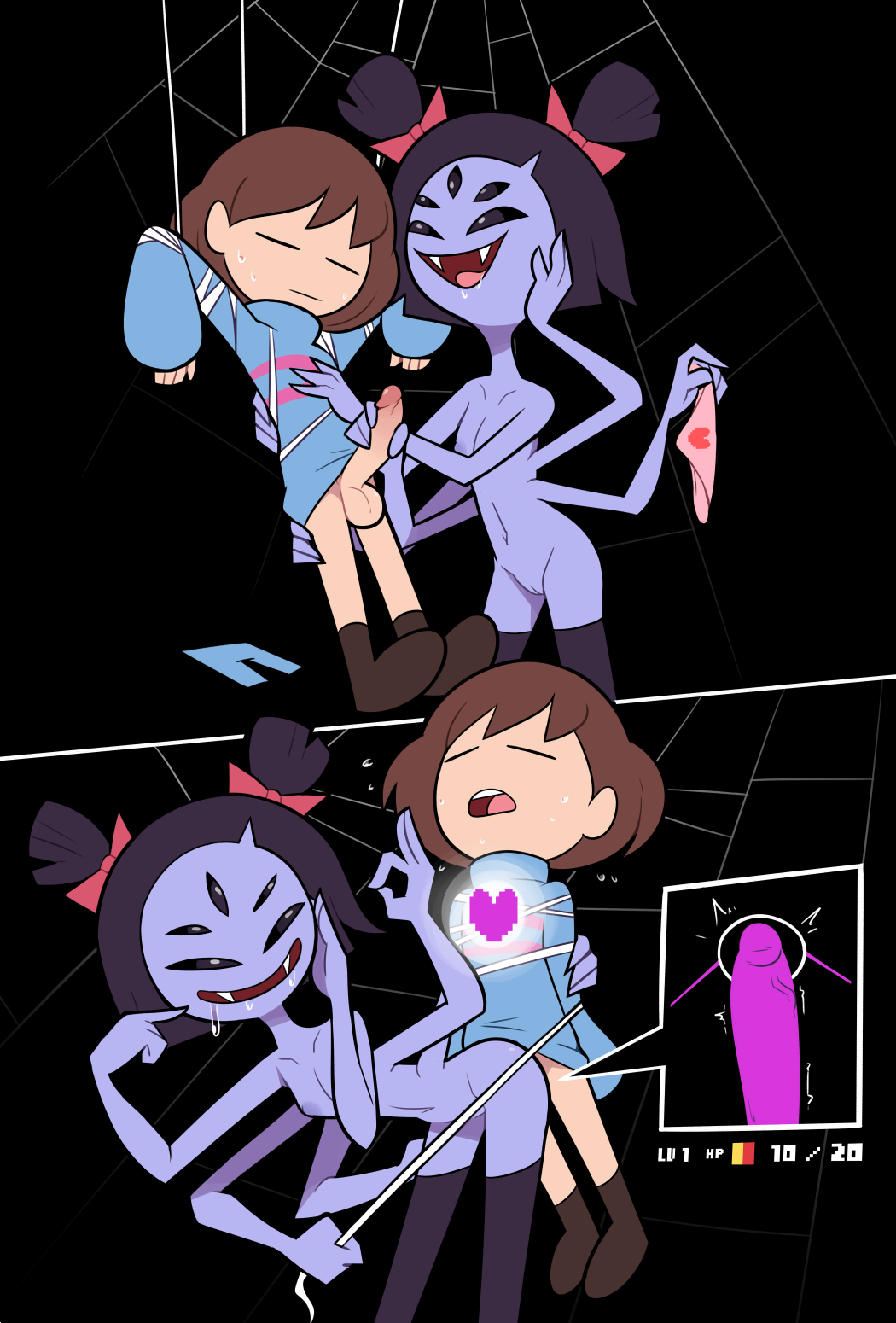 anthro bondage bottomless_male frisk frisk_(undertale) gameplay_mechanics grabbing_penis handjob health_bar heart holding_underwear hp_bar human interspecies loli male/female male_frisk miscon muffet multiple_arms multiple_eyes nude_female panties penetration penis penis_grab purple_skin pussy pussy_juice sex shota spider straight testicle tied_up trapped undertale undertale_(series) undressing vaginal vaginal_insertion vaginal_penetration vaginal_sex web x-ray