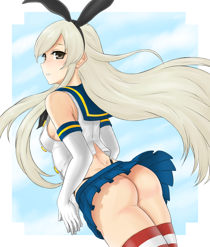 ass kantai_collection looking_back shimakaze_(kantai_collection) skirt stockings thong white_hair