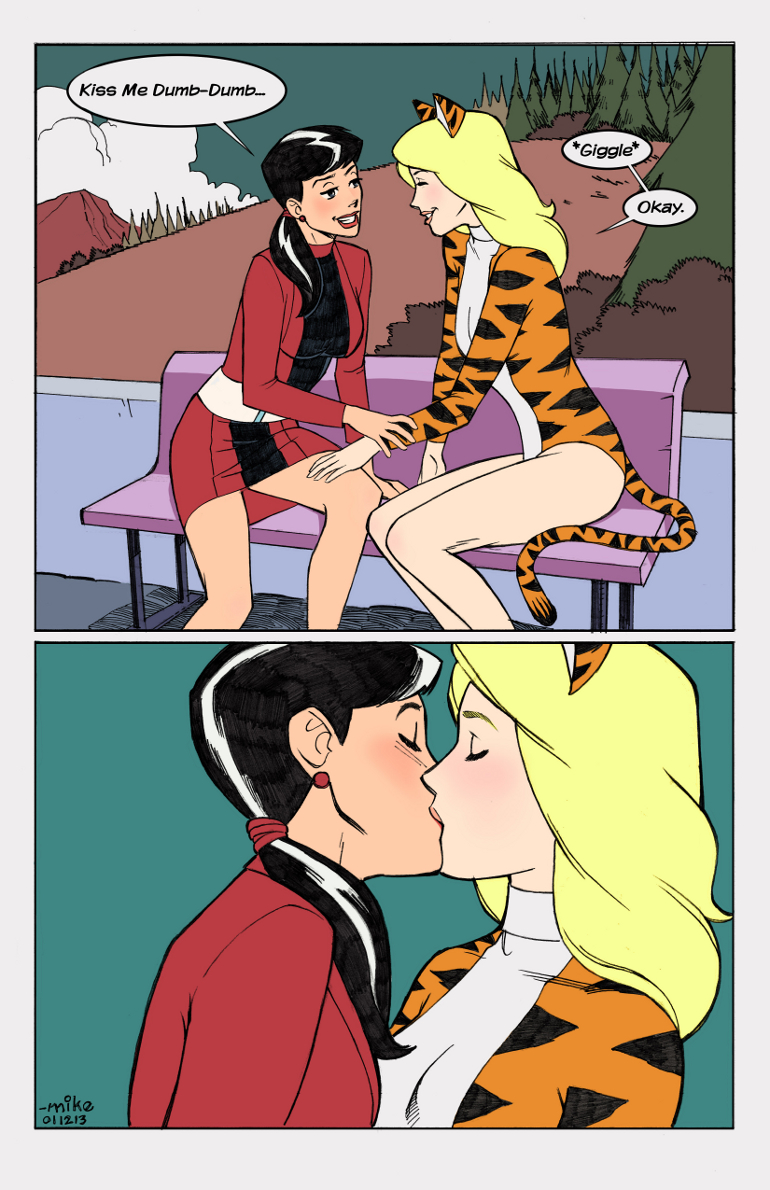 2_girls alexandra_cabot animal_ears archie_comics arm_grab art artist_name bare_legs bench black_hair blonde_hair blush cat_ears cat_tail character_request closed_eyes cloud comic earrings fake_animal_ears female half-closed_eyes happy josie_and_the_pussycats kissing legs leotard lips lipstick long_hair long_sleeves looking_at_another love melody_jones multiple_girls ponytail sitting sky smile speech_bubble suit tail talking teeth tiger_ears tiger_print tiger_tail tree turtleneck yuri