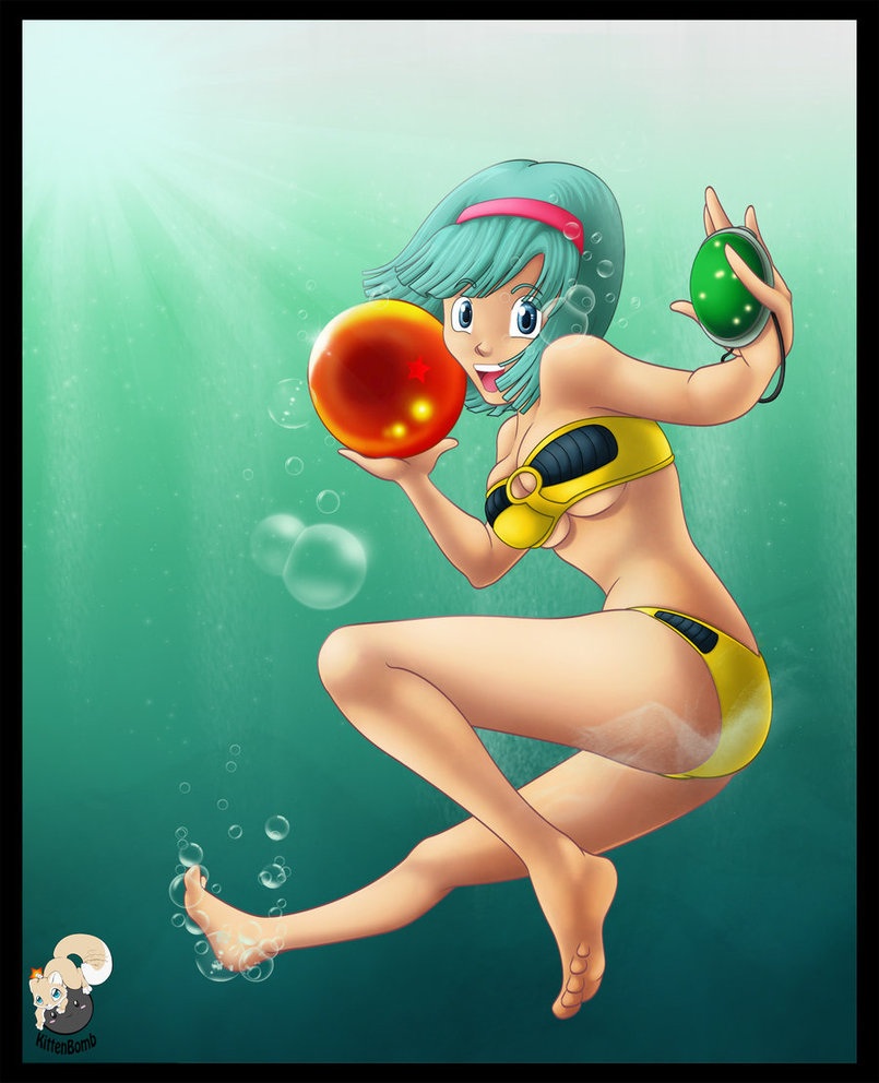 bikini blue_eyes breasts bubble bulma_briefs dragon_ball green_hair kittenbomb_(artist) radar underwater water