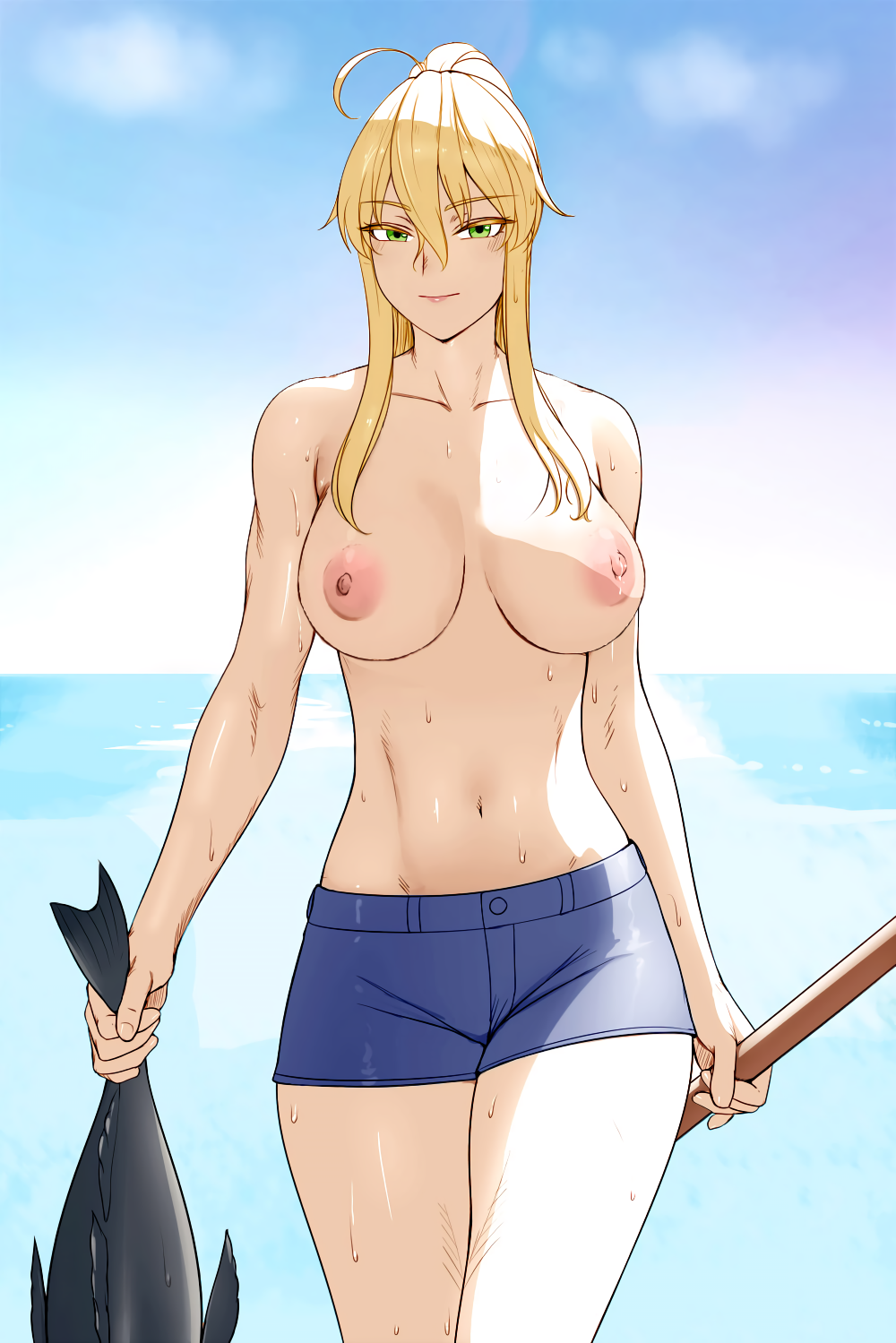 1girl animal artoria_pendragon artoria_pendragon_(lancer) bare_shoulders belt_loop big_breasts blonde_hair breasts building cleavage colorization curvaceous fate/grand_order fate_(series) female_only fish green_eyes high_resolution holding holding_animal holding_fish huge_breasts long_hair lvl lvl_(sentrythe2310) mature mature_female mature_woman midriff navel nipples outside ponytail raglan_sleeves third-party_edit tied_hair topless water wet