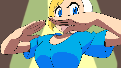 1girl adventure_time animal_hat animated animated_gif blonde_hair blue_eyes breasts cartoon_network crossover fionna_the_human gif kill_la_kill large_breasts looking_at_viewer mankanshoku_mako open_mouth parody