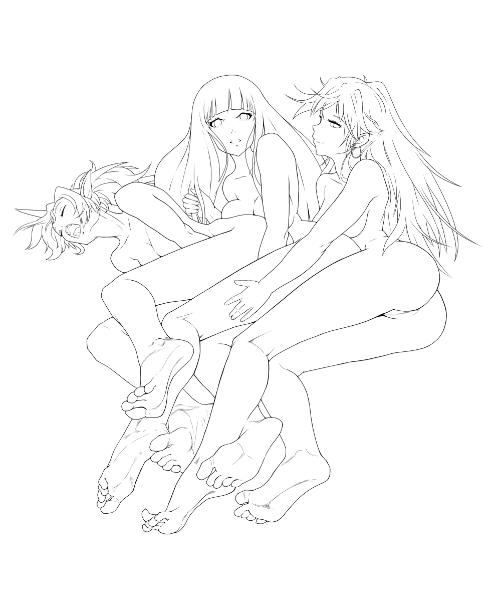 3girls ass bare_shoulders barefoot breasts closed_eyes demon_girl earrings feet feet_together female fingering group_sex hair highres hime_cut hoop_earrings horn incest jewelry kairuhentai kneepits kneesocks_(psg) legs lineart long_hair looking_at_viewer love_train moaning monochrome multiple_girls nude open_mouth panty_&amp;_stocking_with_garterbelt panty_(psg) pointy_ears ponytail pussy sex siblings sisters soles stocking_(psg) threesome toes uncensored yuri