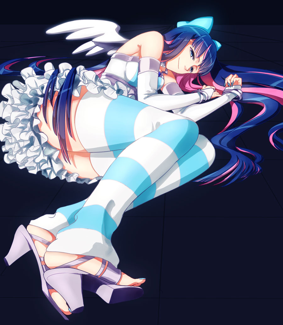 1girl angel bad_id bare_shoulders blue_eyes blue_hair bow breasts feet female foreshortening frills hair_bow high_heels long_hair lying multicolored_hair nail_polish on_side open_shoes panty_&amp;_stocking_with_garterbelt pink_hair ribbon rwu-ren sandals shoes skirt smile solo stocking_(psg) striped striped_legwear thighhighs toenail_polish two-tone_hair very_long_hair wings
