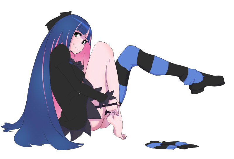 1girl barefoot black_dress bow dress feet female green_eyes hands_on_feet kyoudyu legs long_hair multicolored_hair panty_&amp;_stocking_with_garterbelt simple_background single_shoe single_thighhigh sitting smile solo stocking_(psg) striped striped_legwear striped_thighhighs thighhighs two-tone_hair undressing white_background