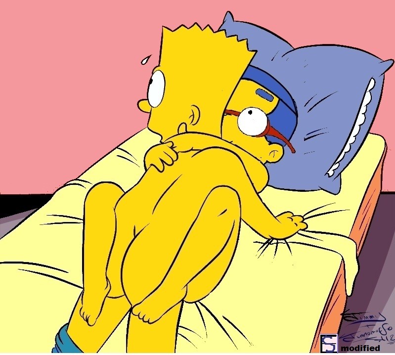 ass bart_simpson bed hugging milhouse_van_houten missionary nude the_simpsons yaoi yellow_skin