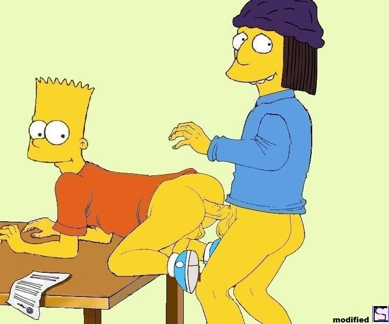 all_fours anal ass bart_simpson bottomless child desk doggy_position gay jimbo_jones penis shota shotacon smile testicles the_simpsons unknown_artist yellow_skin